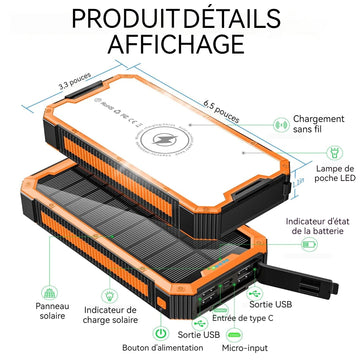 Batterie externe 20000mah 5w chargeur solaire portable chargement sans fil avec 4 usb sorties et 2 entrée avec lumière de camping